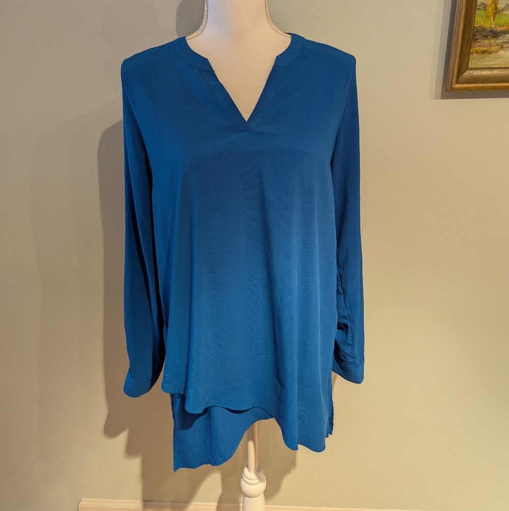 Susan‎ Graver Wms 4 Blue Blouse High Low Layered Tunic Split Neck LongSleeve 133
